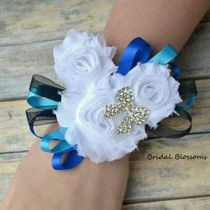 Mickey Minnie Mouse White Blue Black Chiffon Flower Wrist Corsage Boutonniere Set | Disney Wedding | Prom Baby Shower Anniversery Birthday