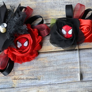 FUN Spiderman Black & Red Chiffon Flower Wrist Corsage Boutonniere Set | Wedding Homecoming Dance Teen | Rhinestone Prom | Superhero