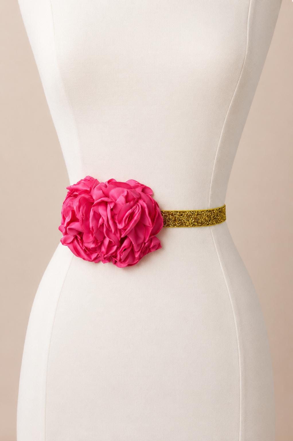Hot Pink Flower Gold Shimmer Skinny Elastic Belt | Bridal  display picture 3