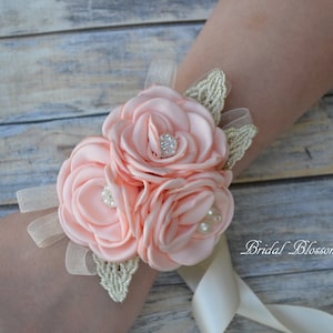Peachy Blush Ivory Flower Wrist Corsage & Boutonniere | Wedding Satin Singed Roses Bride Baby Shower Prom Homecoming Flowers