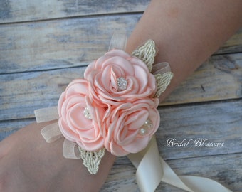 Blush Ivory Flower Wrist Corsage & Boutonniere | Vintage Inspired Wedding Satin Singed Roses Gold Leaf Bride Baby Shower Prom Peach Pink