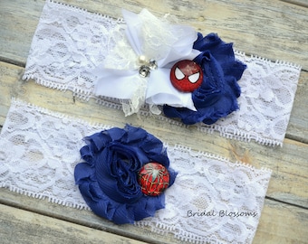 Spiderman Bridal Garter Set | White Royal Blue Red Wedding Garters | Flower Stretch Lace Garter | Keepsake Toss Superhero Spider Man