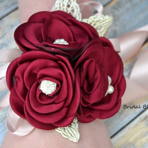 Burgundy Champagne Flower Wrist Corsage & Boutonniere | Wedding Satin Singed Roses Mother of Bride Baby Shower Prom Flowers Dark Red