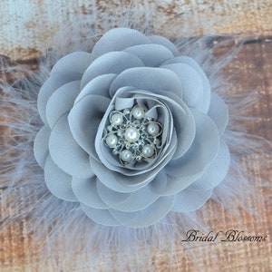 Gray Chiffon Flower Hair Clip | Vintage Inspired Bridal Hair Piece | Fascinator | Girl Feathers Pearl Rhinestone | White Feathers Orange