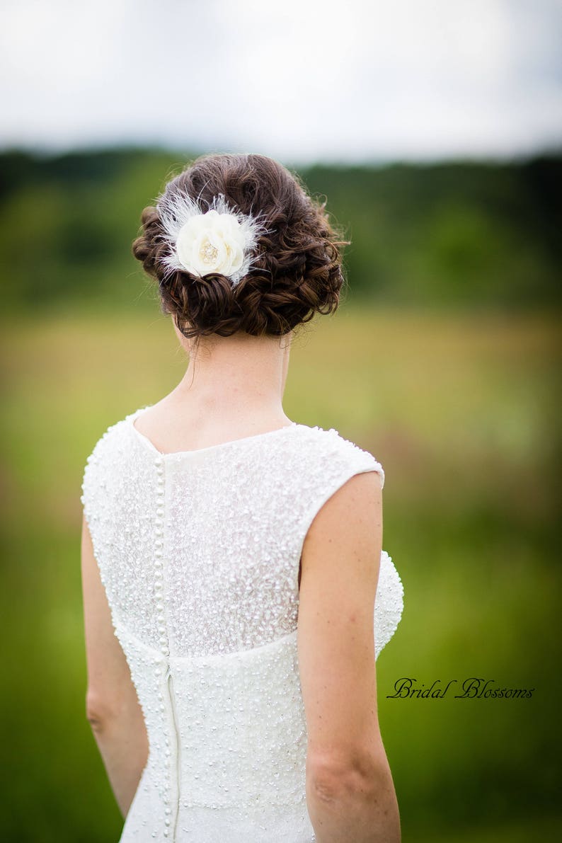 Light Pink Chiffon Flower Hair Clip Vintage Inspired Bridal Hair Piece Wedding Fascinator Flower Girl Feathers Pearl Rhinestone White image 9