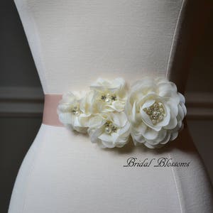 JULIA Blush Ivory Chiffon Flower Bridal Sash Fabric Flowers Wedding Dress Sash Bridal Belt Ribbon Bridesmaids Pearl Rhinestone image 1