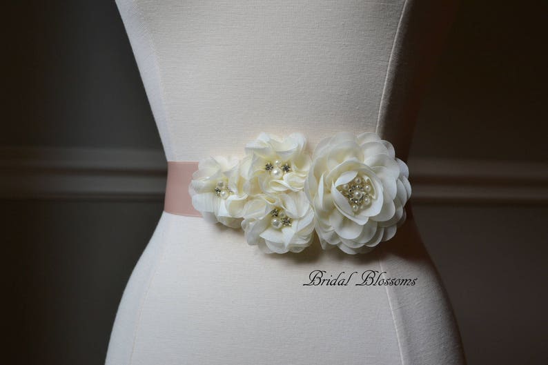 JULIA Blush Ivory Chiffon Flower Bridal Sash Fabric Flowers Wedding Dress Sash Bridal Belt Ribbon Bridesmaids Pearl Rhinestone image 1