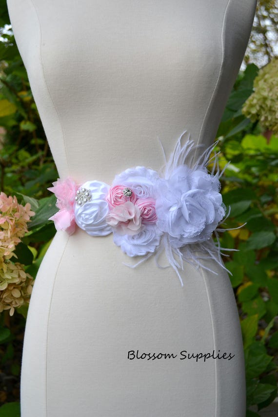 ELIZABETH - White Pink Flower Maternity OR Bridal Sash  display picture 3