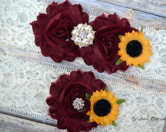 Burgundy Ivory Sunflower Pearl Bridal Garter Set | Chiffon Fabric Flower Lace Garter Pearl Rhinestone Wedding Stretch Lace Plus Size Maroon