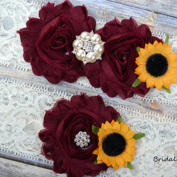 Burgundy Ivory Sunflower Pearl Bridal Garter Set | Chiffon Fabric Flower Lace Garter Pearl Rhinestone Wedding Stretch Lace Plus Size Maroon