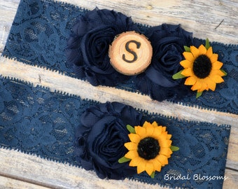 Navy Blue Sunflower Bridal Garter Set With Initial | Chiffon Flower Garters | Wood Rustic Country Wedding | Stretch Lace | Plus Size