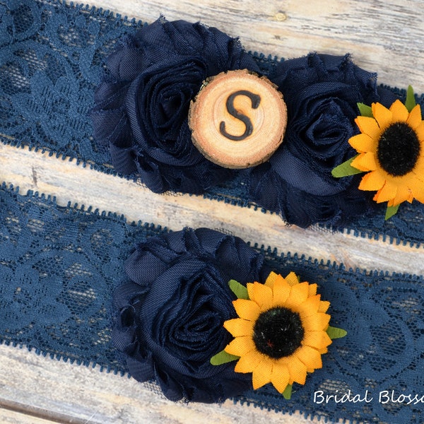 Navy Blue Sunflower Bridal Garter Set With Initial | Chiffon Flower Garters | Wood Rustic Country Wedding | Stretch Lace | Plus Size