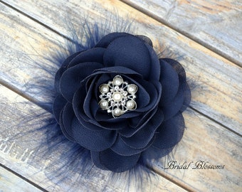 Navy Blue Chiffon Flower Hair Clip | Vintage Inspired Bridal Hair Piece | Wedding Fascinator | Flower Girl Feathers Rhinestone Dark Blue