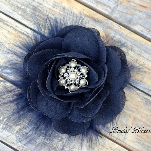 Navy Blue Chiffon Flower Hair Clip | Vintage Inspired Bridal Hair Piece | Wedding Fascinator | Flower Girl Feathers Rhinestone Dark Blue