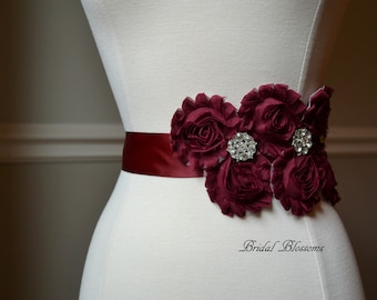 MIA Maroon Vintage Inspired Maternity Bridal Sash | Shabby Chiffon Flower Wedding Dress Sash | Belt Ribbon | Bridesmaids | Burgundy Red