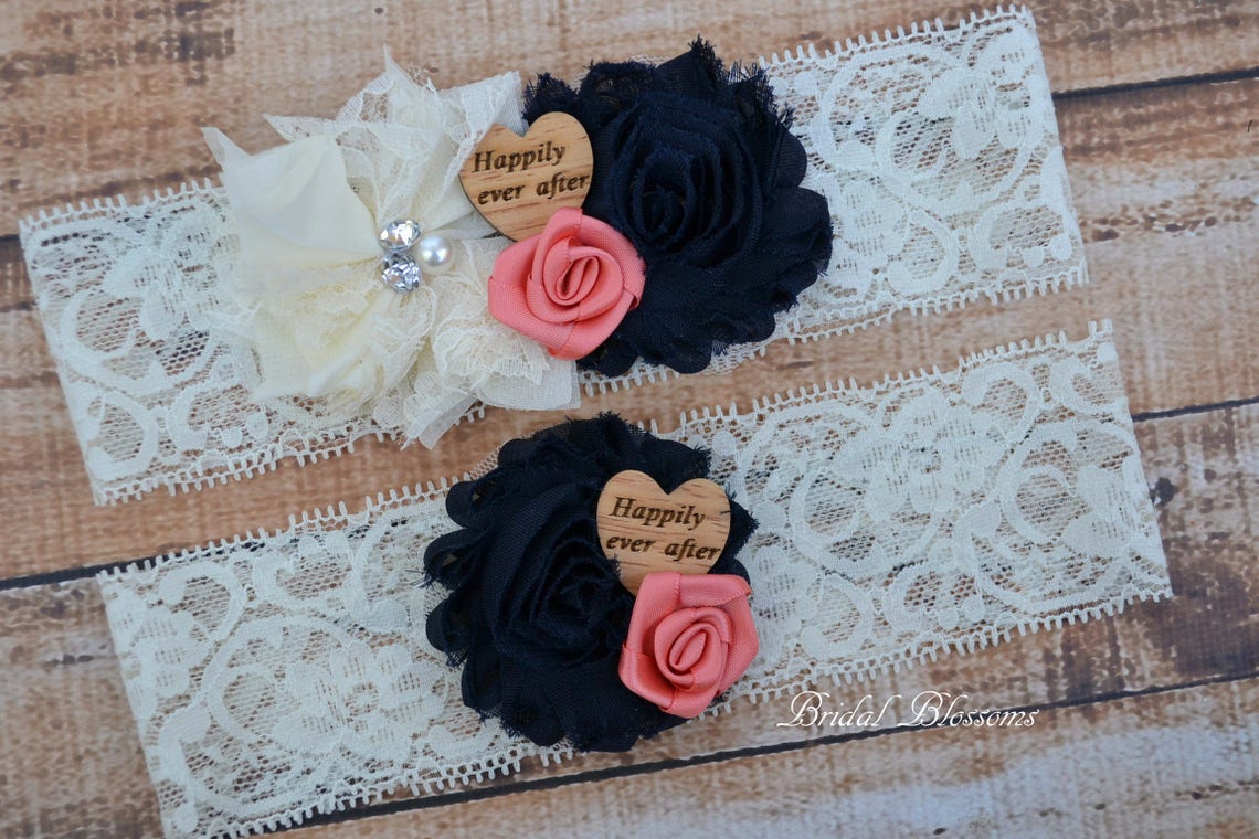 Ivory Navy Blue Coral Bridal Garter Set  Chiffon Fabric image 1