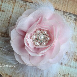 Light Pink Chiffon Flower Hair Clip Vintage Inspired Bridal Hair Piece Wedding Fascinator Flower Girl Feathers Pearl Rhinestone White image 3