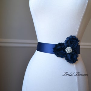 LORYN Navy Blue Vintage Inspired Bridal Sash | Shabby Chiffon Flower Wedding Dress Sash | Belt Ribbon Bridesmaids | Rhinestone