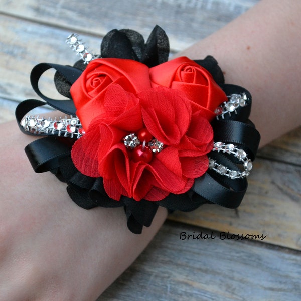 Red Black Silver Satin Chiffon Flower Wrist Corsage Boutonniere | Elastic Wristlet | Prom Gatsby Inspired | Wedding Bride Mother Homecoming