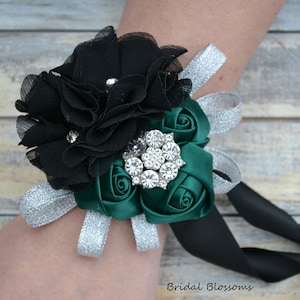 Dark Green Black Silver Flower Wrist Corsage | Vintage Inspired Wedding | Chiffon & Satin Roses Mother of Bride Bridal Baby Shower Prom