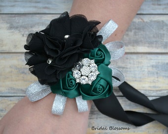 Dark Green Black Silver Flower Wrist Corsage | Vintage Inspired Wedding | Chiffon & Satin Roses Mother of Bride Bridal Baby Shower Prom