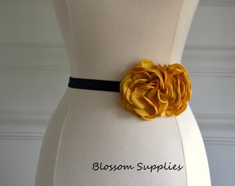 Mustard Golden Yellow Flower Black Shimmer Skinny Elastic Belt | Bridal Bridesmaid | Thin Dress Belt | Wedding Prom Belts | Stretchy Belt