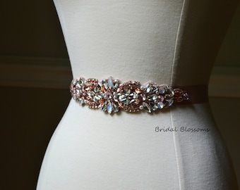 Stunning Rose Gold White Clear Rhinestone Bridal Sash | Rhinestone Bead Wedding Dress Sash | Belt | Beaded Applique | Ribbon Bridesmaids D7