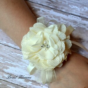 Ivory Burlap Flower Wrist Corsage | Rustic Wedding | Country | Mother of the Bride | Flower Girl Prom | Autumn Fall Rhinestone Bracelet