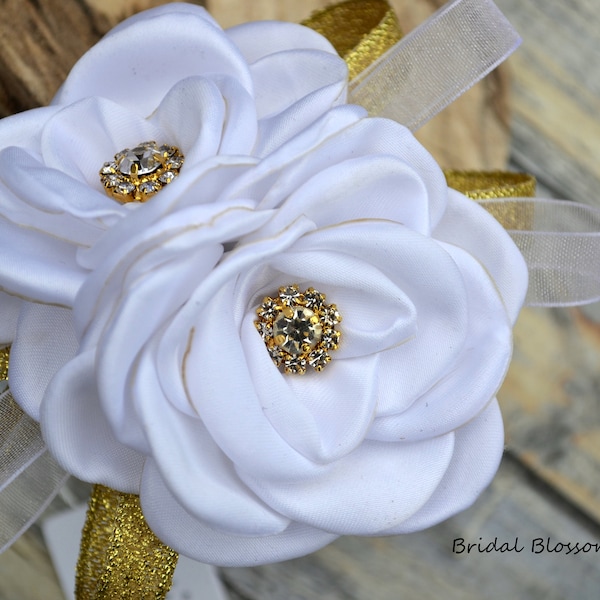 White Gold Flower Wrist Corsage Cuff Bracelet & Boutonniere | Vintage Inspired Wedding | Satin Roses | Mother of Bride Bridal Shower Prom
