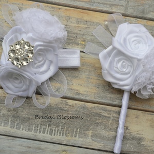 Ready To Ship - White Chiffon Ribbon Flower Wrist Corsage & Boutonniere | Vintage Inspired Wedding Mother of Bride | Bridal Baby Shower Prom