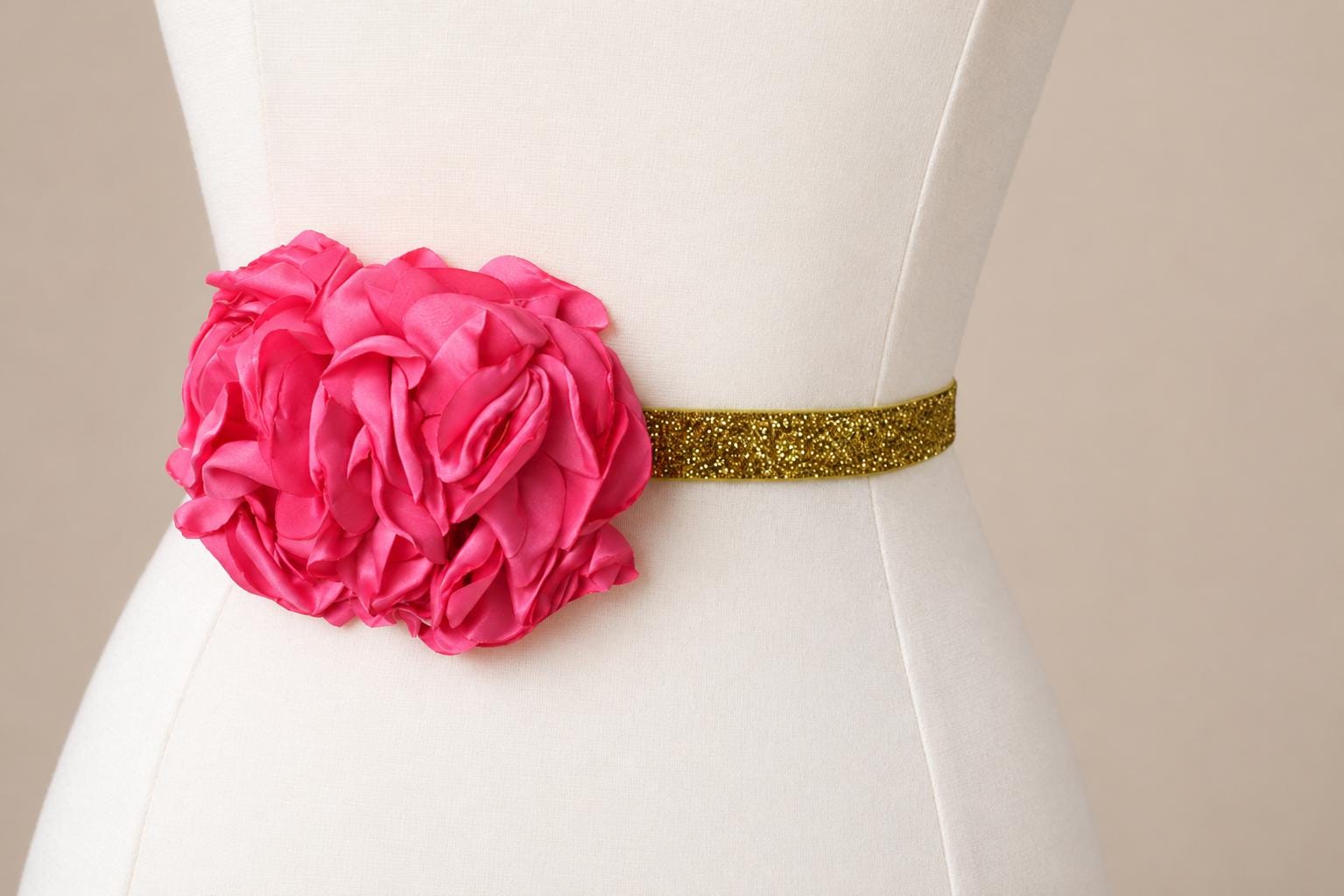 pink belts for dresses Hot Pink Flower Gold Shimmer Skinny Elastic Belt | Bridal Bridesmaid | Glitter Sash | Thin Dress Belt | Wedding Prom Belts