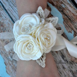 Ivory Flower Wrist Corsage & Boutonniere | Vintage Inspired Wedding | Satin Singed Roses Gold Leaf | Mother of Bride Bridal Baby Shower Prom