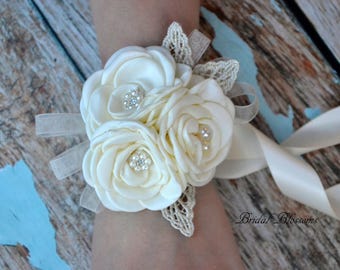 Ivory Flower Wrist Corsage & Boutonniere | Vintage Inspired Wedding | Satin Singed Roses Gold Leaf | Mother of Bride Bridal Baby Shower Prom