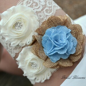 Ivory Turquoise Tan Burlap Sunflower Bridal Garter Set Chiffon Flower Garters Wood Rustic Country Wedding Stretch Lace Plus Size image 7