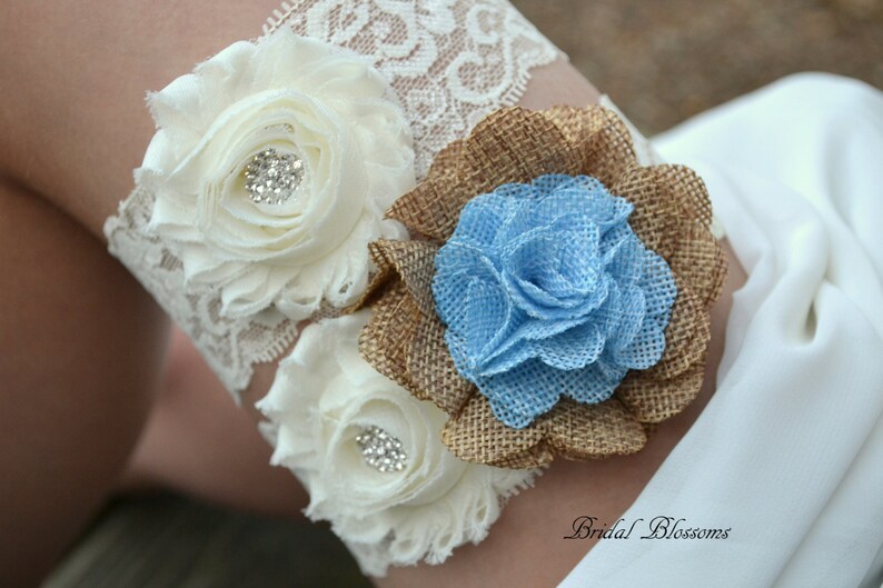 Ivory Turquoise Tan Burlap Sunflower Bridal Garter Set Chiffon Flower Garters Wood Rustic Country Wedding Stretch Lace Plus Size image 7