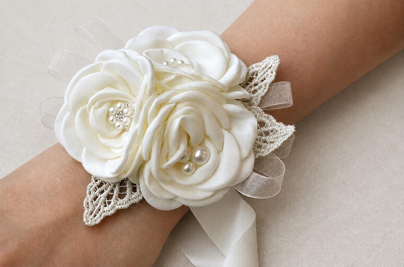 May include: A wrist corsage featuring three cream-colored satin fabric roses, accented with small white pearls and clear crystals in the centers. The floral arrangement is decorated with beige lace leaf cutouts and sheer ribbon loops.