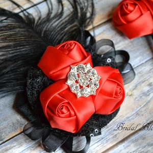 Prom Black Red Satin Flower Wrist Corsage & Boutonniere Set | Sequin Feather Elastic Wristlet | Homecoming | Gatsby Inspired Jewel Bracelet