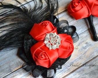 Prom Black Red Satin Flower Wrist Corsage & Boutonniere Set | Sequin Feather Elastic Wristlet | Homecoming | Gatsby Inspired Jewel Bracelet