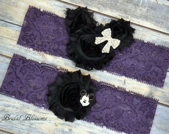 Minnie Mickey Mouse Bridal Garter Set | Chiffon Fabric Flower Lace Garter | Rhinestone Wedding Stretch Lace Garter | Plus Size Purple Black