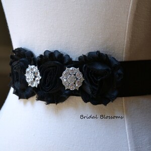 ISLA Black Vintage Inspired Bridal Sash | Shabby Chiffon Flower Wedding Dress Sash | Bridal Belt | Ribbon | Bridesmaids | Rhinestone