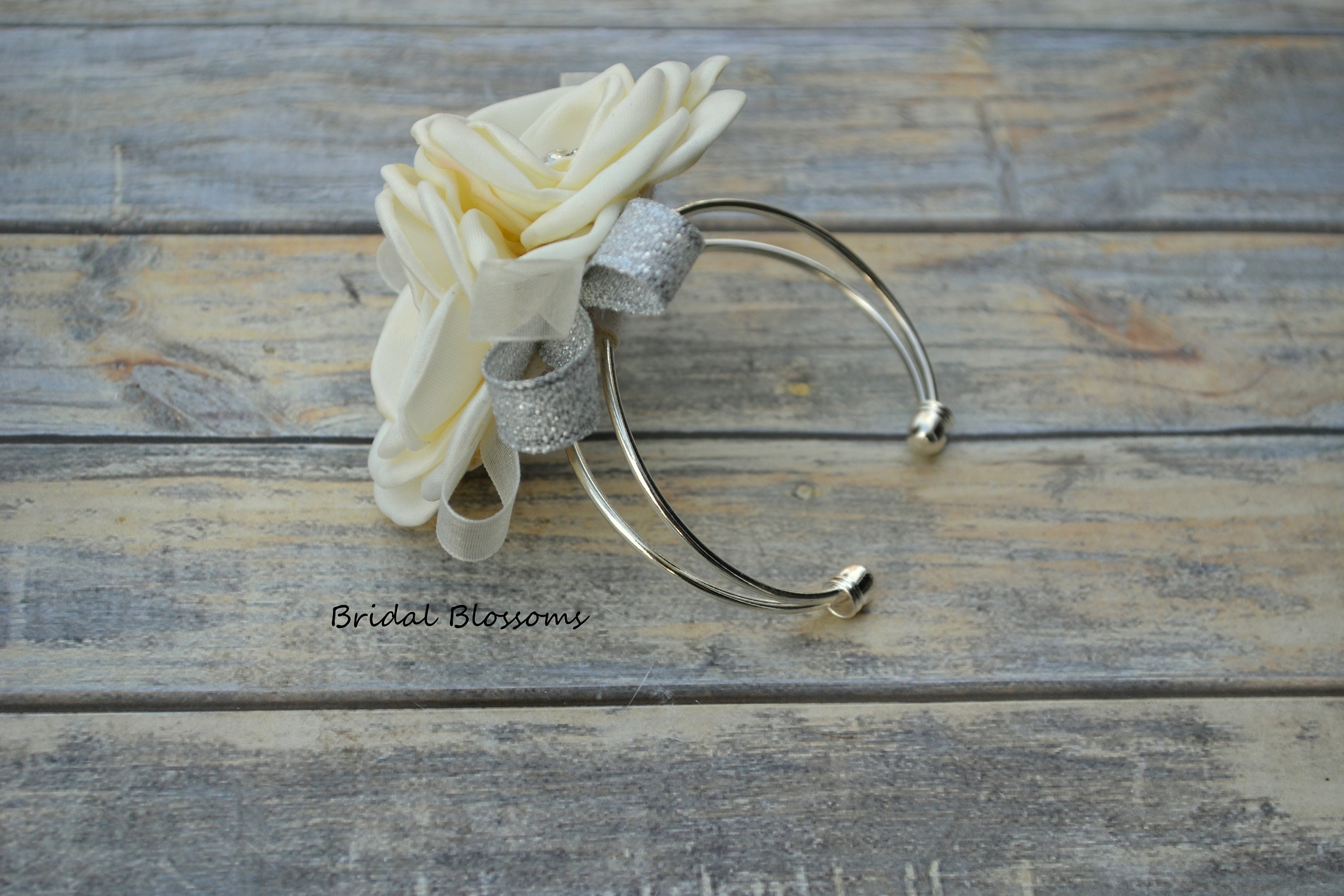 Ivory Silver Flower Wrist Corsage Cuff Bracelet