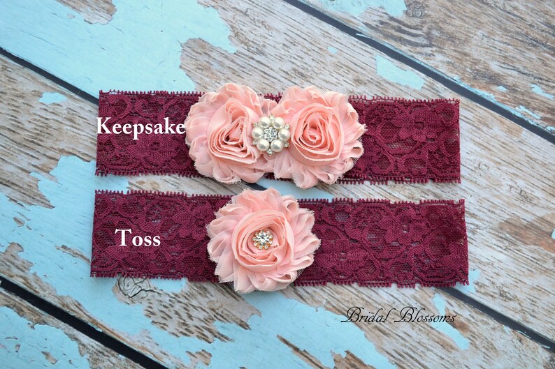 Plus Size Pearl Rhinestone Wedding Garter Stretch Lace Garter Burgundy Peach Gold Pearl Bridal Garter Set Chiffon Fabric Flower Lace