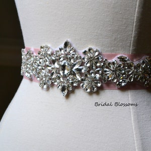 MARTHA - Silver Rhinestone Blush Bridal Sash | Clear Stones Wedding Dress Belt | Jewel Applique Sashes Ribbon Bridesmaids Ivory White - A5