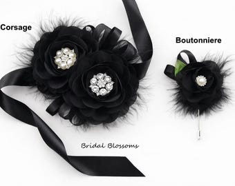 Classico set di fiori doppi in chiffon per polso e boutonniere - Pezzo importante con strass di perle - Fiori da sposa, ballo di fine anno, nero