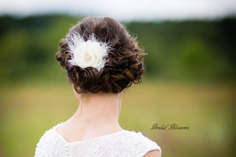 BEST SELLER Ivory Chiffon Flower Hair Clip Vintage Inspired Bridal Hair Piece Fascinator Flower Girl Feathers Pearl Rhinestone image 6