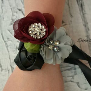 Burgundy Black Gray Chiffon Satin Flower Wrist Corsage | Vintage Inspired Wedding | Boutonniere Set | Prom Homecoming Flowers Bout Dark Red