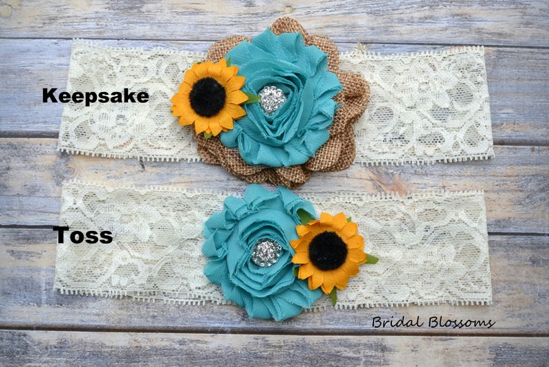 Ivory Turquoise Tan Burlap Sunflower Bridal Garter Set Chiffon Flower Garters Wood Rustic Country Wedding Stretch Lace Plus Size image 2