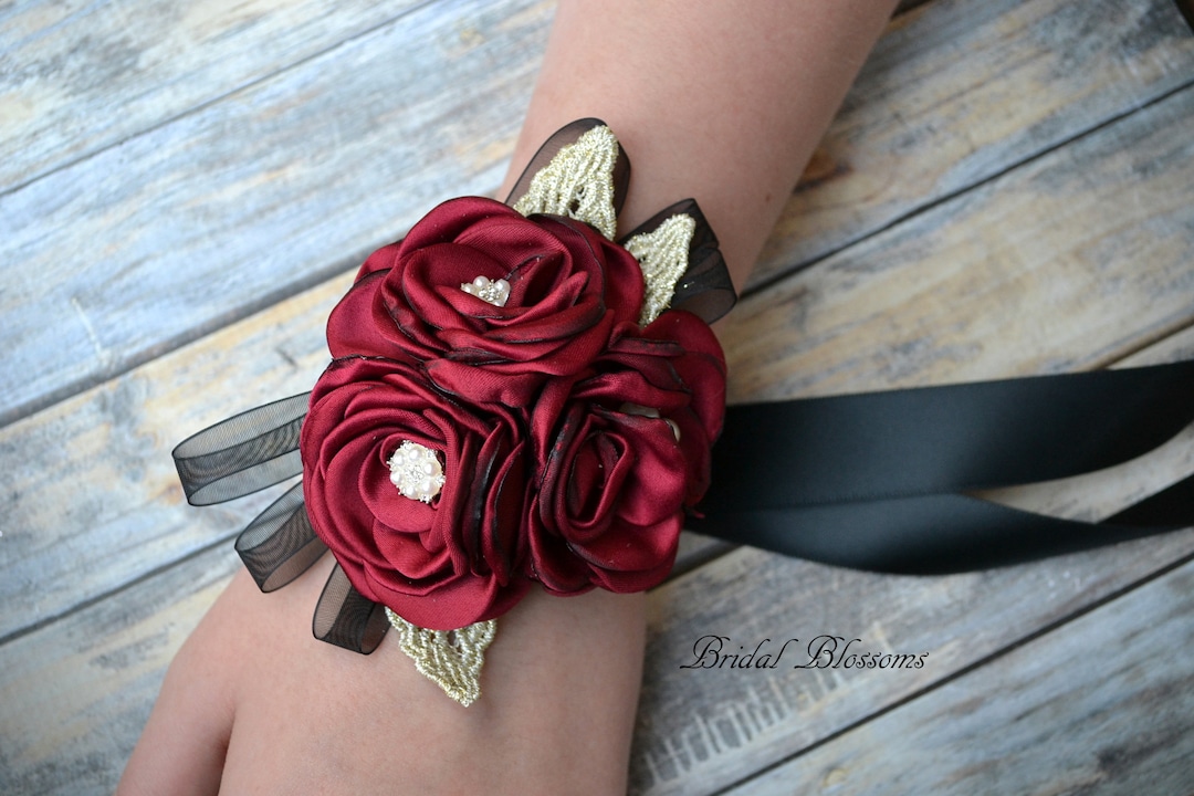 black dress red corsage Classic Red/Black Wrist Corsage Flower Delivery Augusta ME