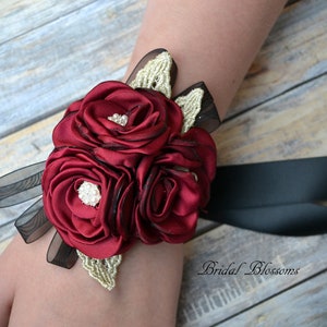 Dark Red Black Flower Wrist Corsage | Vintage Inspired Wedding | Satin Singed Roses Gold Leaf | Mother of Bride Bridal Shower Prom Burgundy