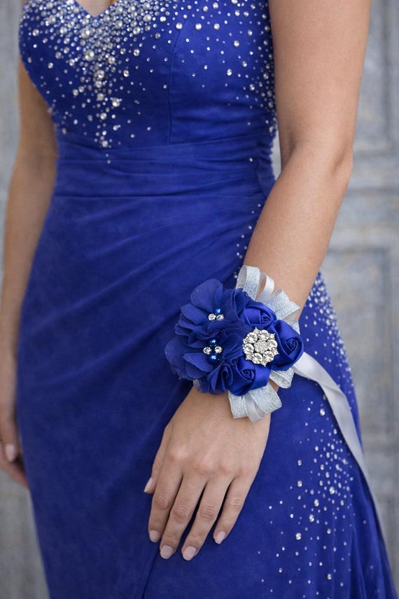 Royal Blue Silver Gray Floral Wrist Corsage & Matching Boutonniere | Satin  Chiffon Flowers Rhinestone | Prom Wedding Homecoming Keepsake